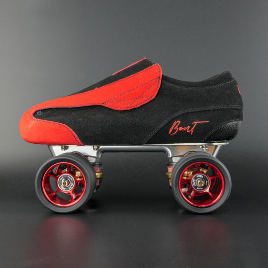 Side view of the Envy suede skate showing blue and black suede finish