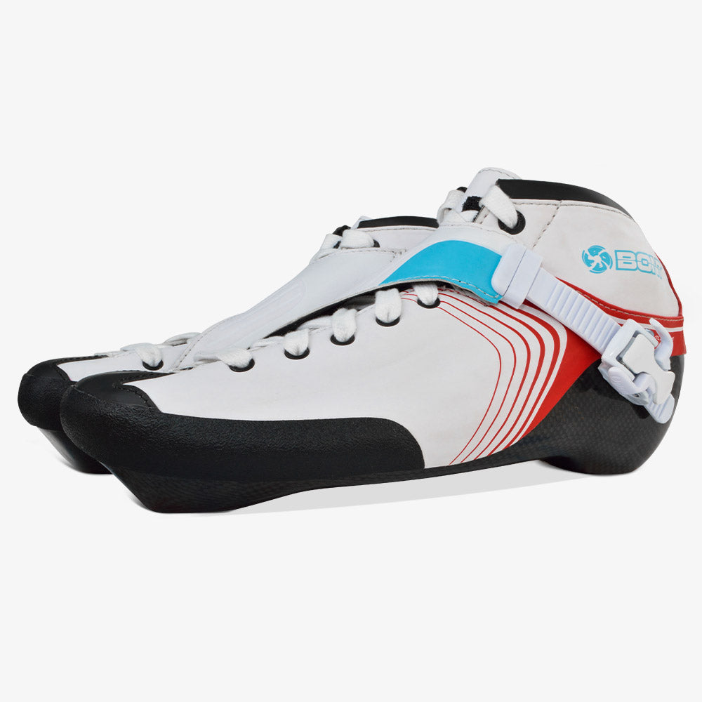 On skater, GT4 boot mounted to a racing frame during an outdoor training push