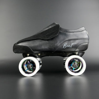 Side view of the Envy suede skate showing blue and black suede finish